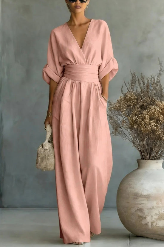 Summer Short-sleeved Jumpsuit Fashion Casual V-Neck Wide-Leg Pants Womens Clothing 