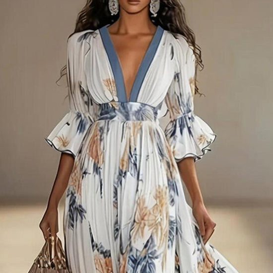 Women's Floral Print Maxi Dress With Deep V-Neck & Flare Sleeves, Elegant Flowy Wedding Guest Party Evening Dress CJ US