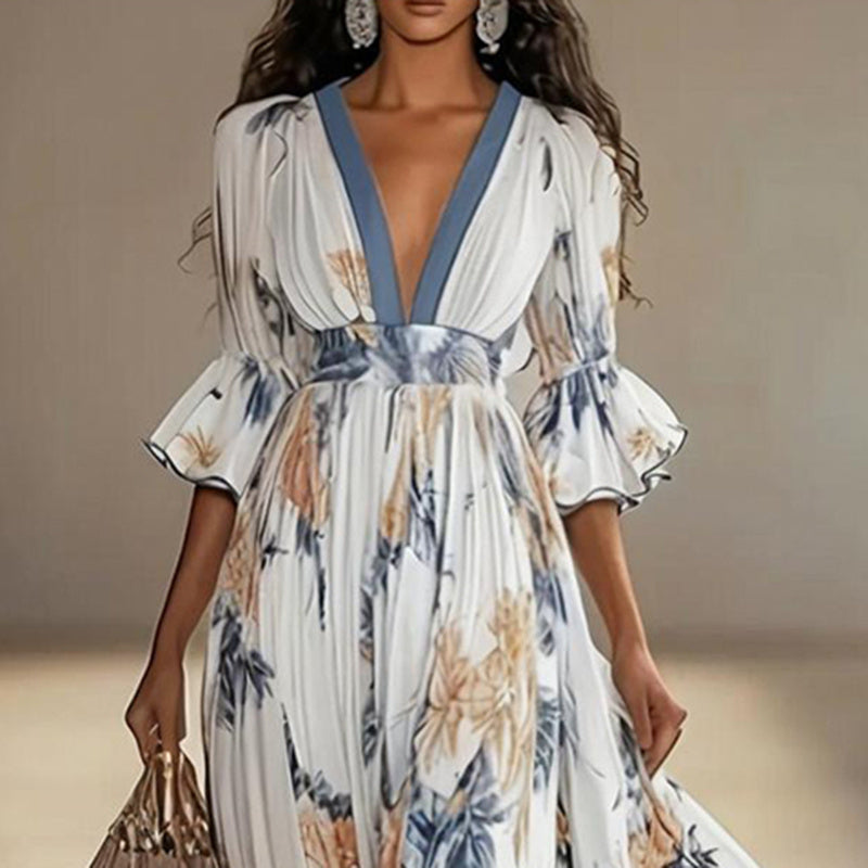 Women's Floral Print Maxi Dress With Deep V-Neck & Flare Sleeves, Elegant Flowy Wedding Guest Party Evening Dress CJ US