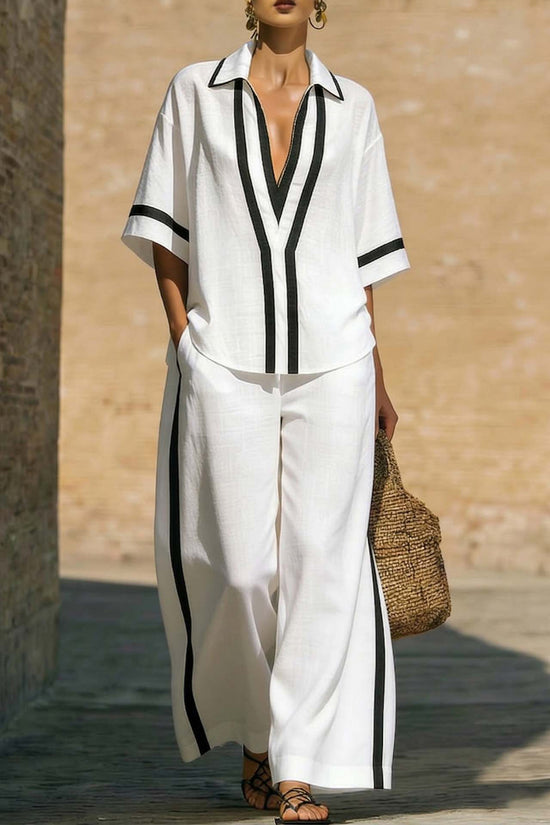 Fashionable Loose Casual Color-Block Short-Sleeve Shirt And Wide-Leg Pants Two-Piece Set 