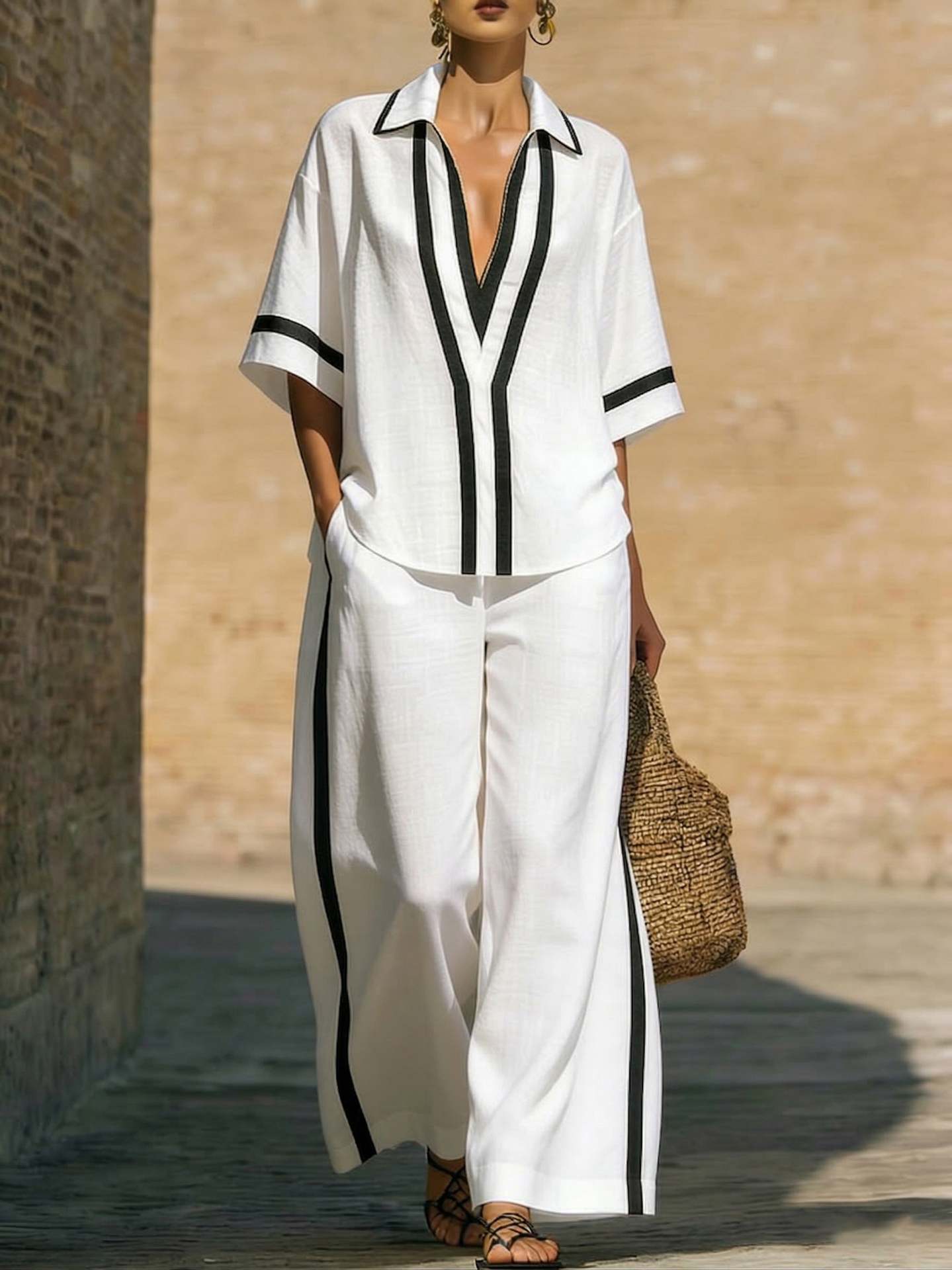 Fashionable Loose Casual Color-Block Short-Sleeve Shirt And Wide-Leg Pants Two-Piece Set 