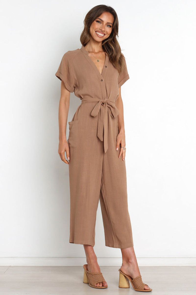 V-neck Cropped Wide-leg Jumpsuit For Women 