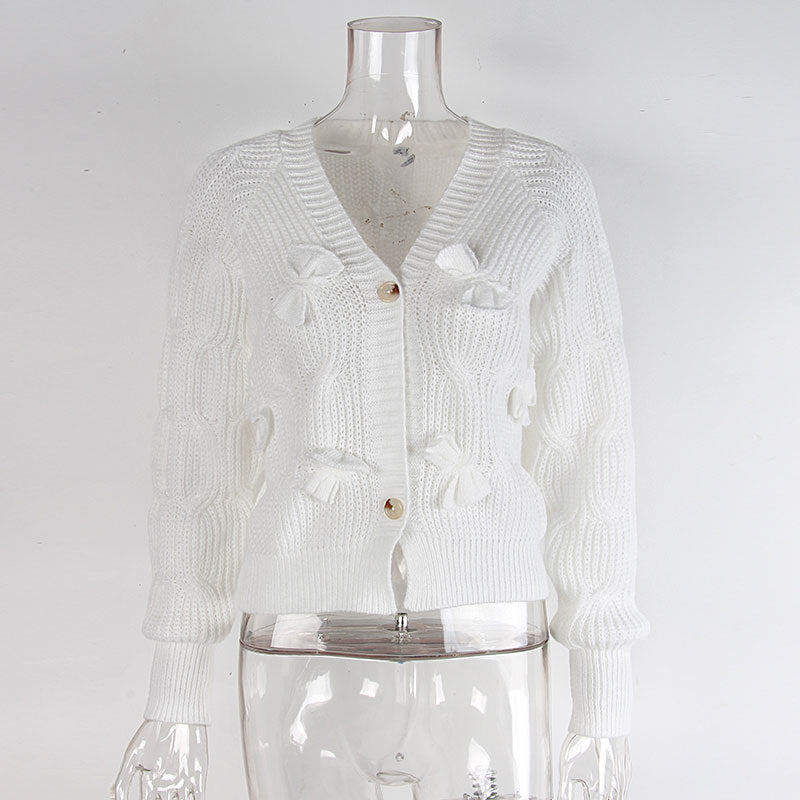 Women's Bow Cropped Cardigan - Long Sleeve V-Neck Button Down Knit Sweater Top 