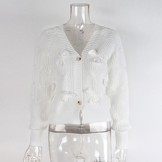 Women's Bow Cropped Cardigan - Long Sleeve V-Neck Button Down Knit Sweater Top 