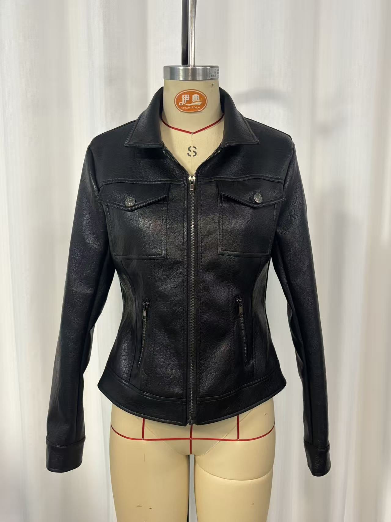 Vintage Washed PU Leather Biker Jacket | Slim Fit Moto Zip | Black 