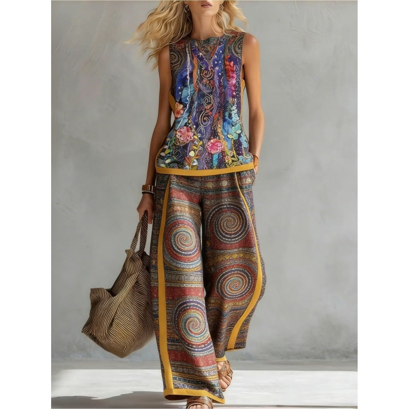 Printed Retro Casual Top Set 