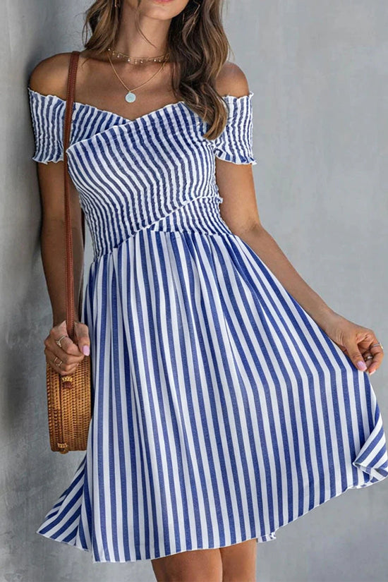 Off-the-shoulder Striped Waist-cinching Dress European And American Style 