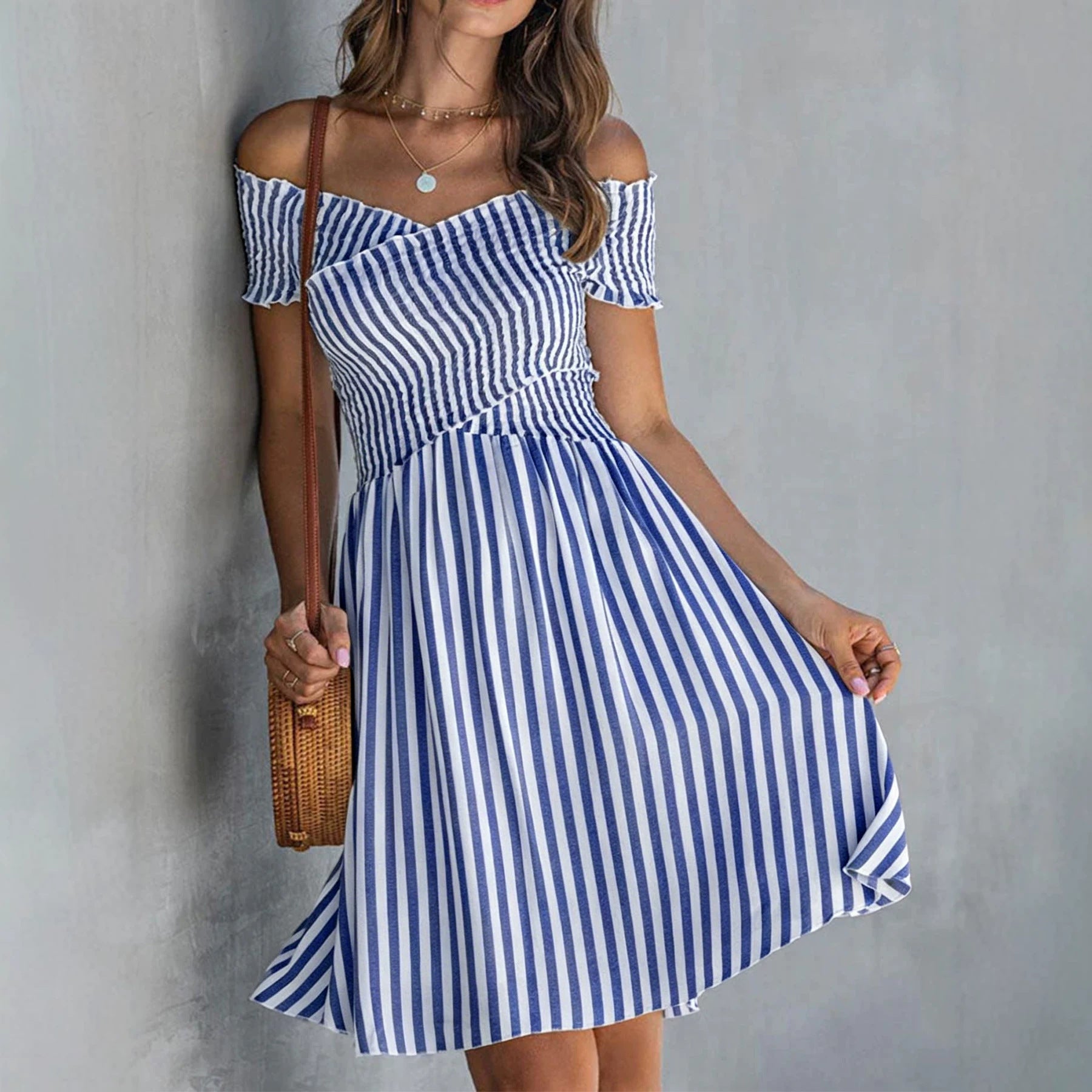 Off-the-shoulder Striped Waist-cinching Dress European And American Style 