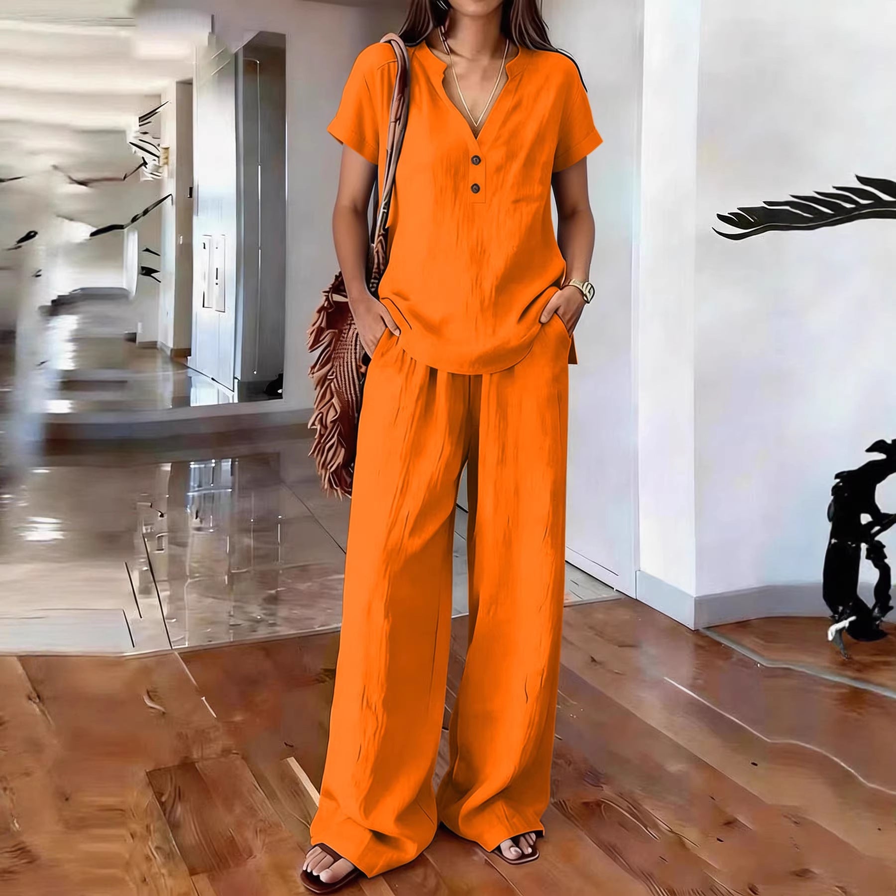 Women's Casual Solid-Colored Cotton And Linen Set 