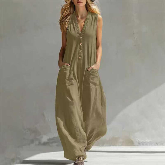 Womens Casual Linen-Cotton Sleeveless Jumpsuit With Two Pocket Straps 