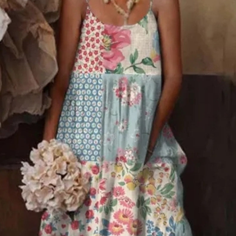 Cross-border European And American Style Women Floral Art Printing Casual Sling Holiday Dress FitiqueFit