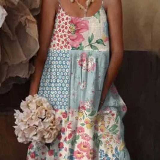 Cross-border European And American Style Women Floral Art Printing Casual Sling Holiday Dress FitiqueFit