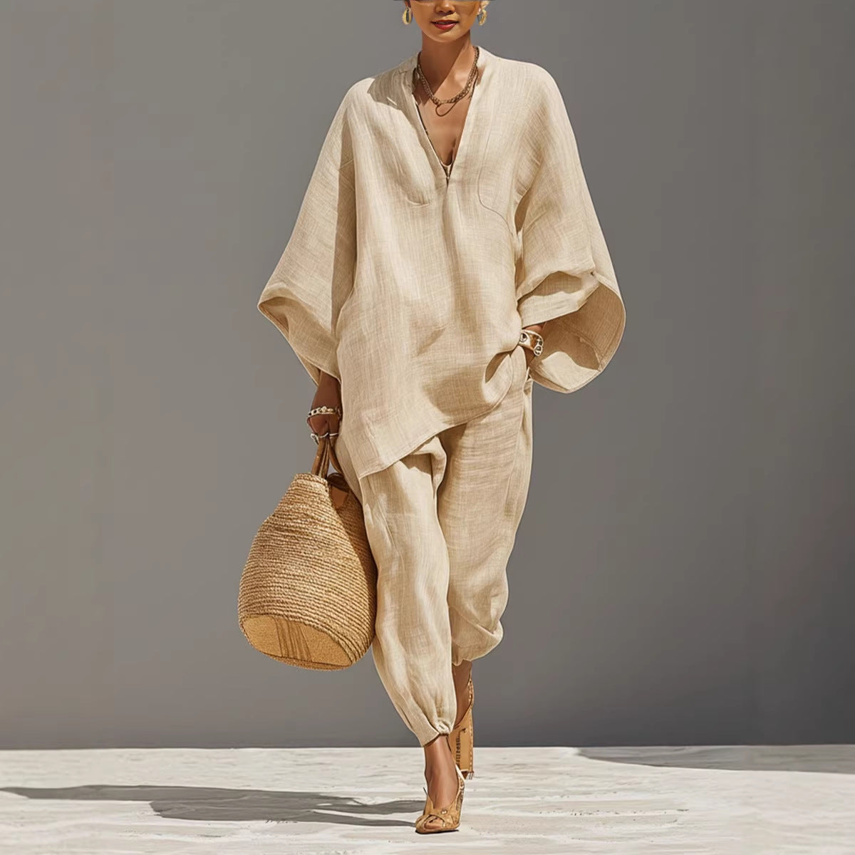 Women's Casual Loose Solid Color Shirt Set 