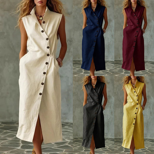 Slim-fit Elegant Single-breasted Dress With A Stand-up Collar For Women 