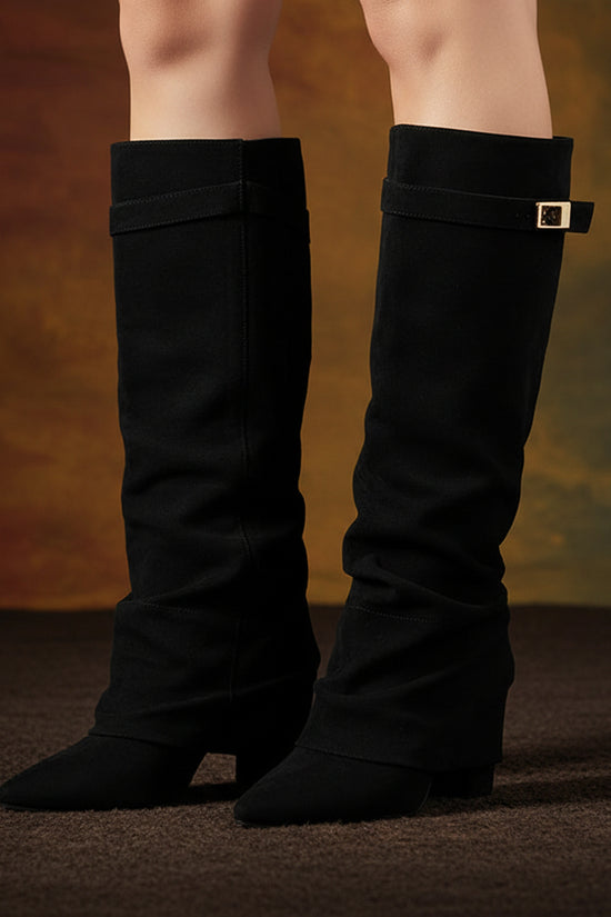 Pointed Toe Straight Tube Pleated Metal Buckle Mid-Calf Boots for Women, Chunky Heel Pipe Boots, Wide Size Available 