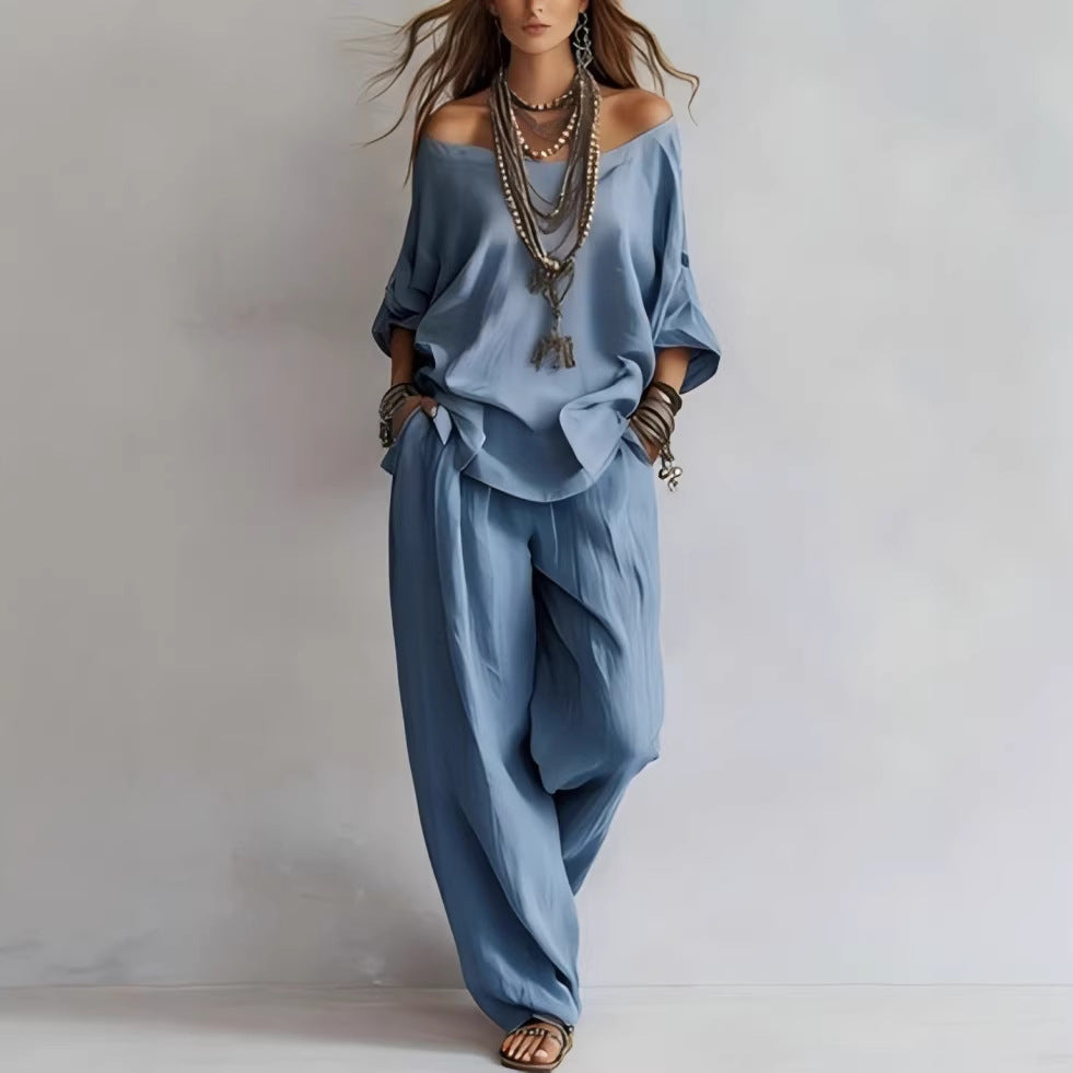 Chiffon Puff-Sleeve Top & Wide-Leg Pants Set – 15 Colors 