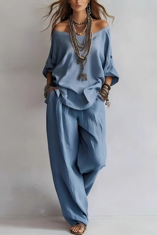 Off-Shoulder Cotton-Linen Wide-Leg Pants Set – 6 Colors, S–5XL 