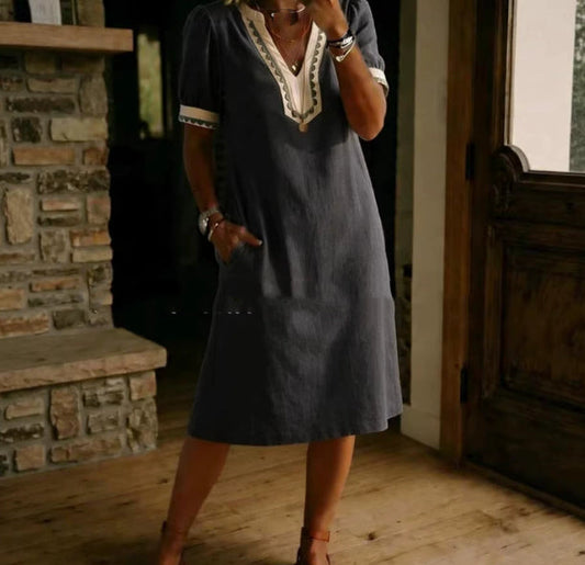 Loose-fit Patchwork Lace Cotton Short-sleeve Dress 