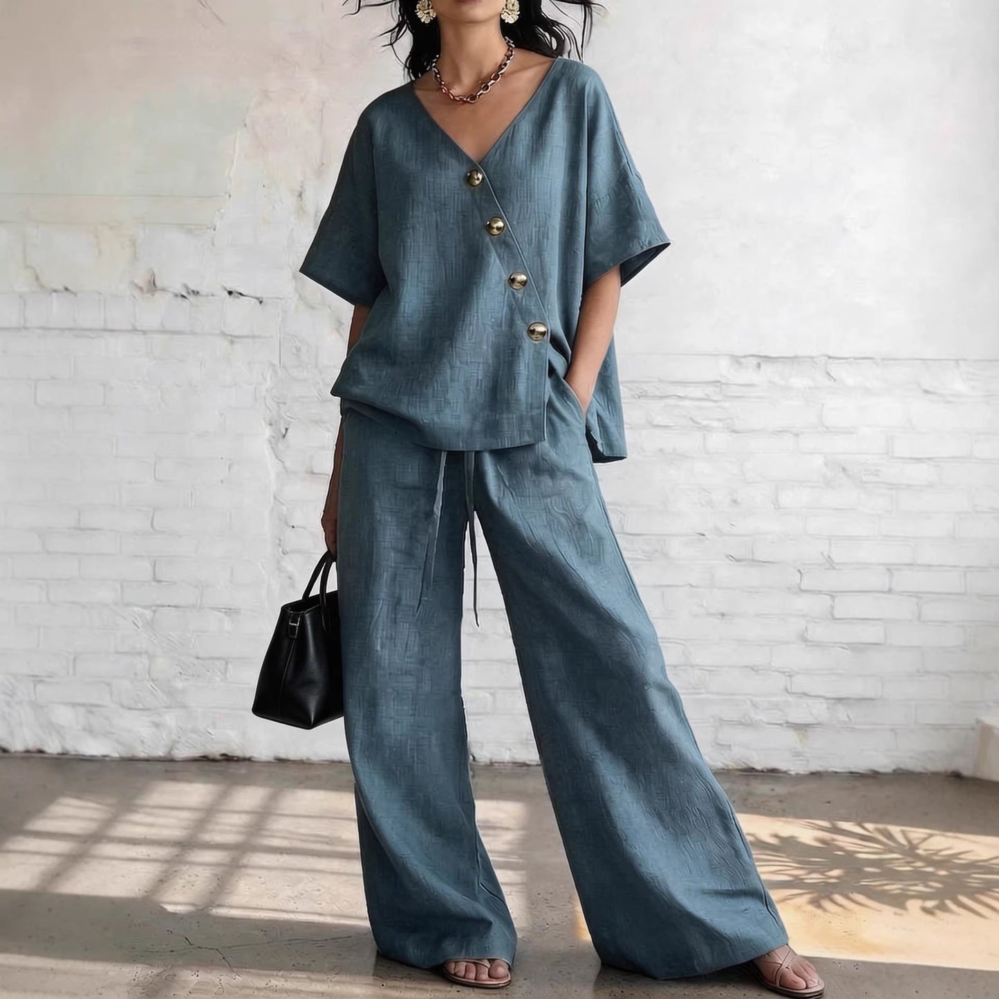 Casual Vacation Loose Cotton-Linen V-Neck Wide-Leg Pants Two-Piece Set 