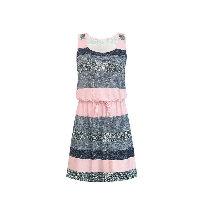 Women's Sleeveless With Adjustable Waist Tie Vest Dress - Casual Summer Mini Dress With Color Block Striped Design CJ US