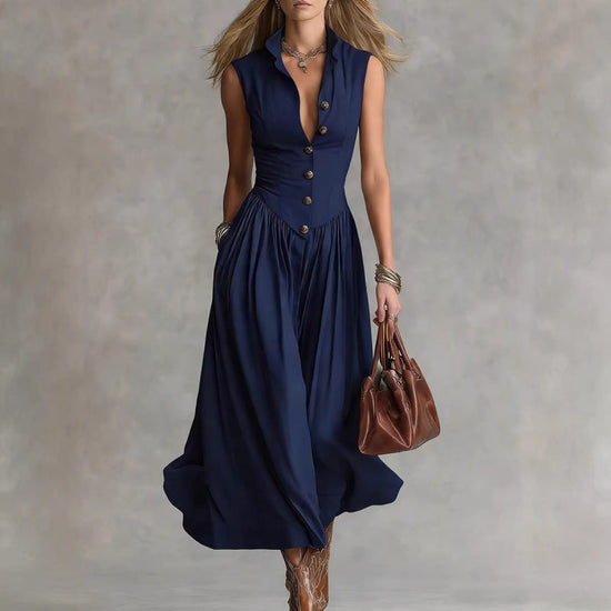 Sleeveless V-Neck Button Dress – Elegant Cotton-Linen Maxi Dress 