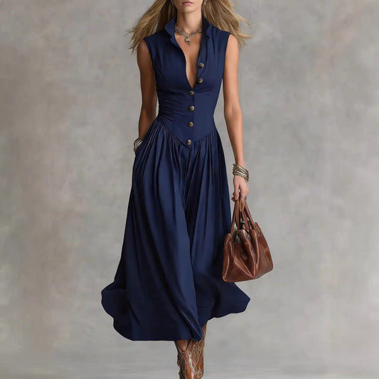 Sleeveless V-Neck Button Dress – Elegant Cotton-Linen Maxi Dress 