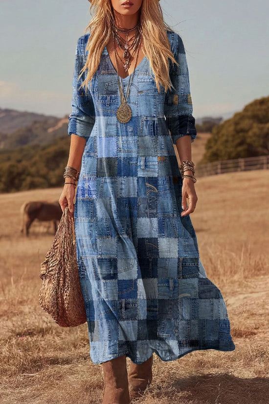Personalized Retro Chic V-Neck Long-Sleeve Dress 