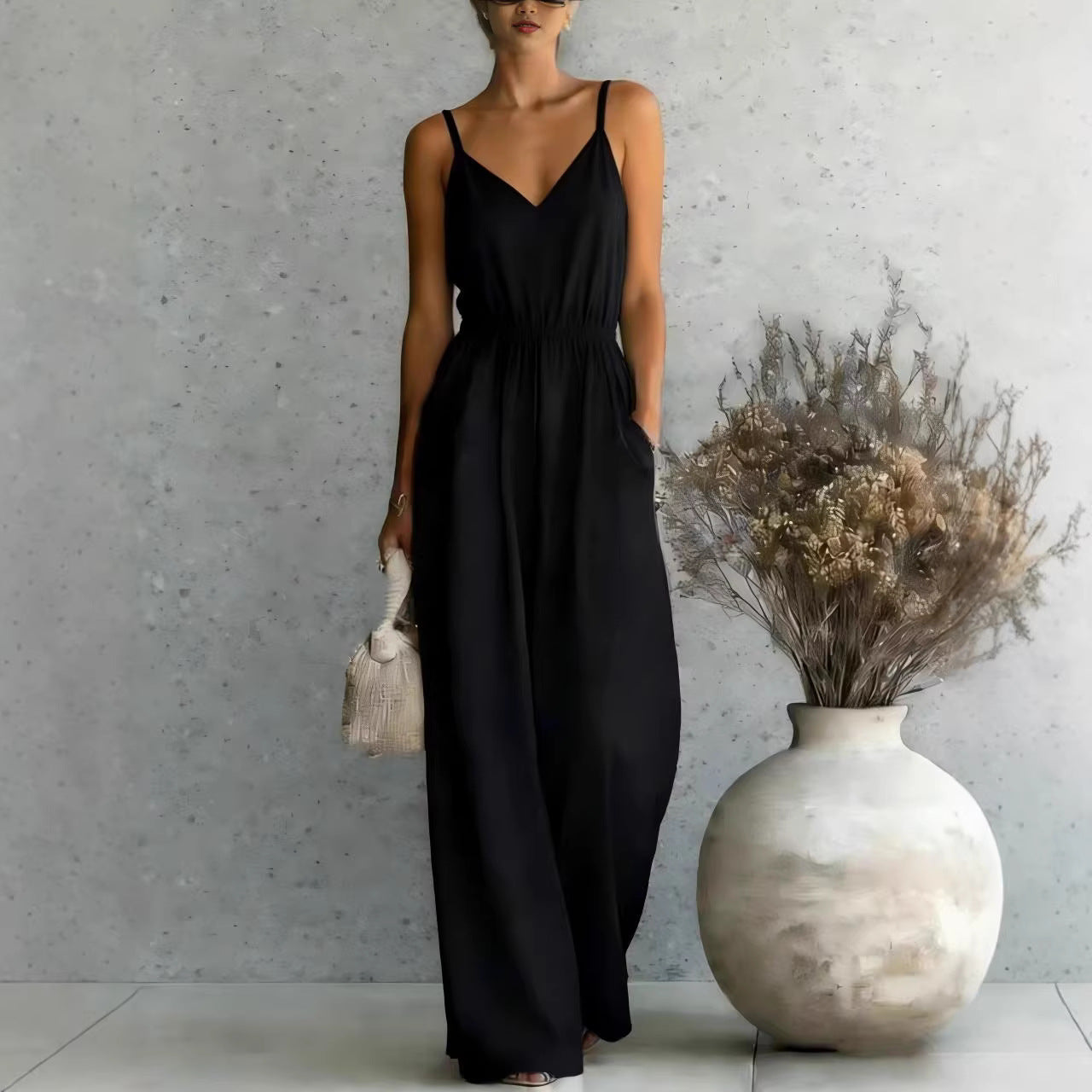 Summer Women's Slip-dress Casual Wide-leg Jumpsuit 