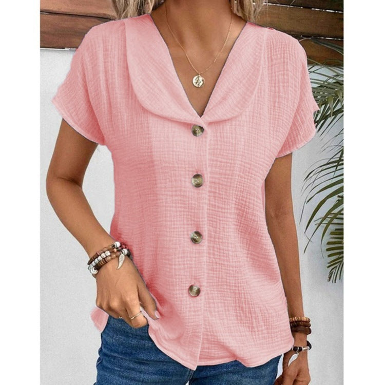 Summer Solid Color Fashion Short-sleeved Cardigan Button Women's Top FitiqueFit