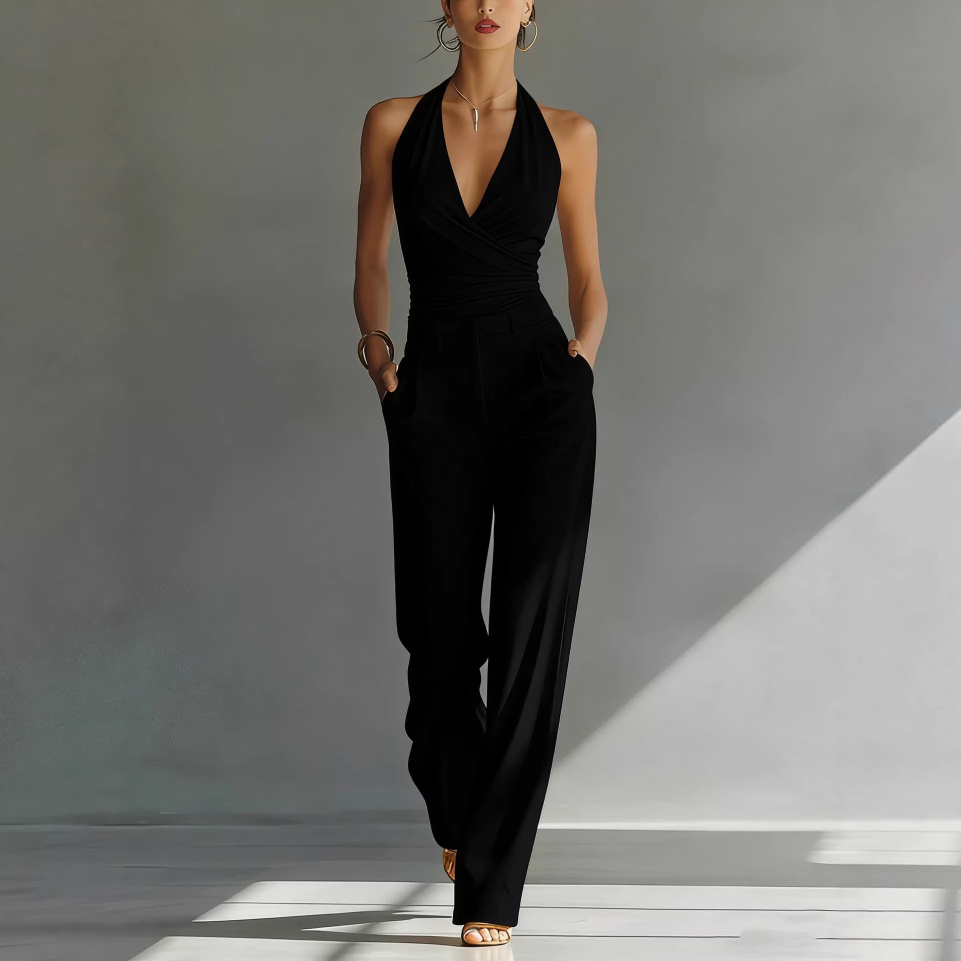 Halter Top And High-waisted Wide-leg Pants Casual Set 