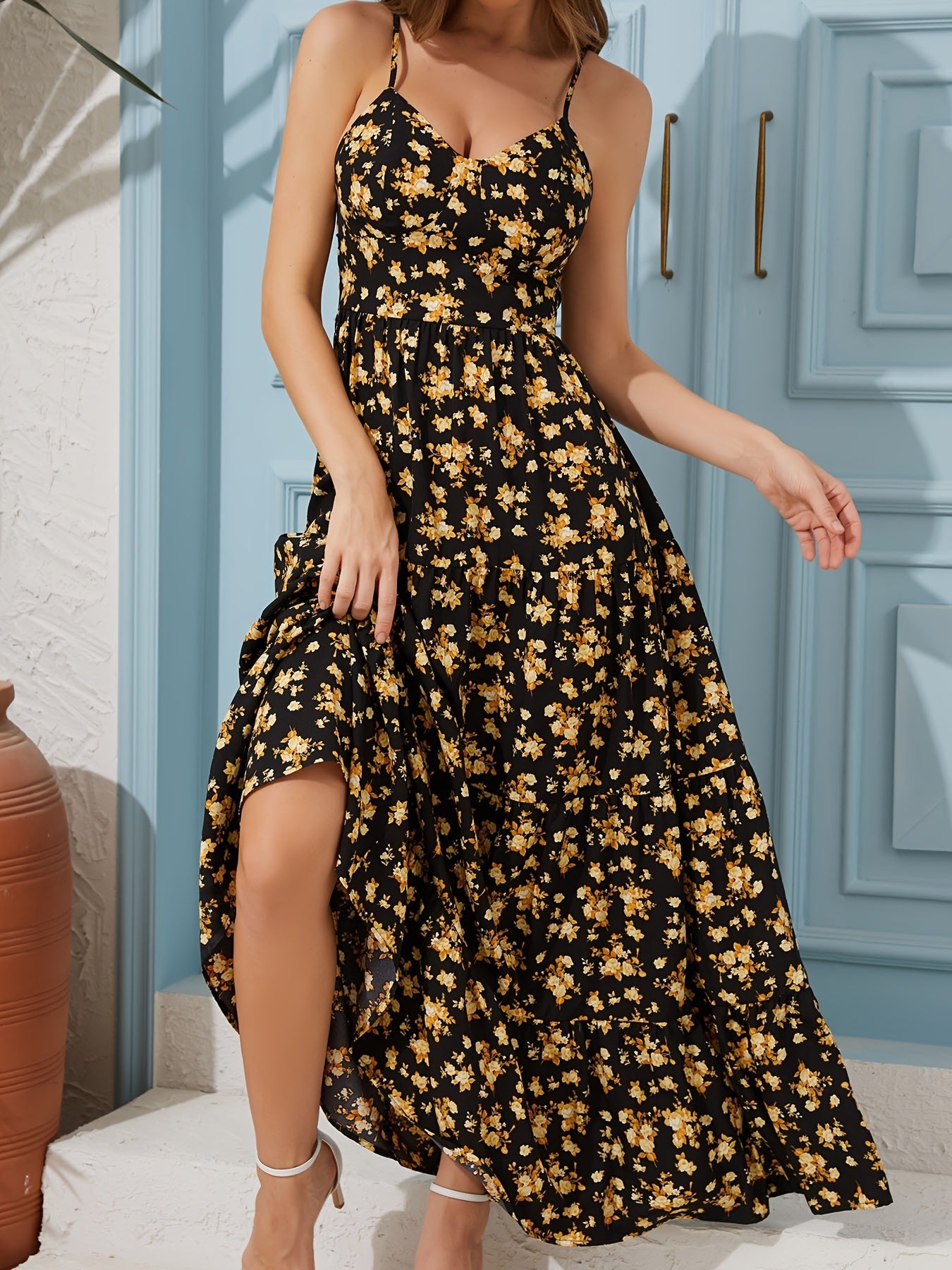 Women’s Floral Backless Maxi Dress – Strappy Dress with Bow & Flowy Skirt CJ US