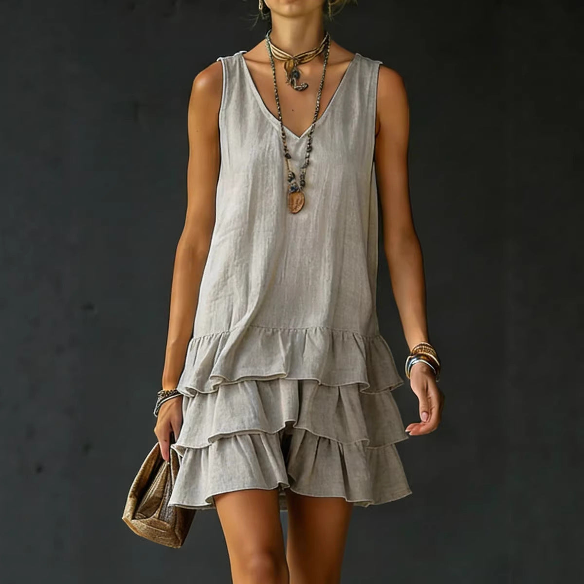 V-neck Cotton-linen Womens Fashionable Sleeveless Dress 