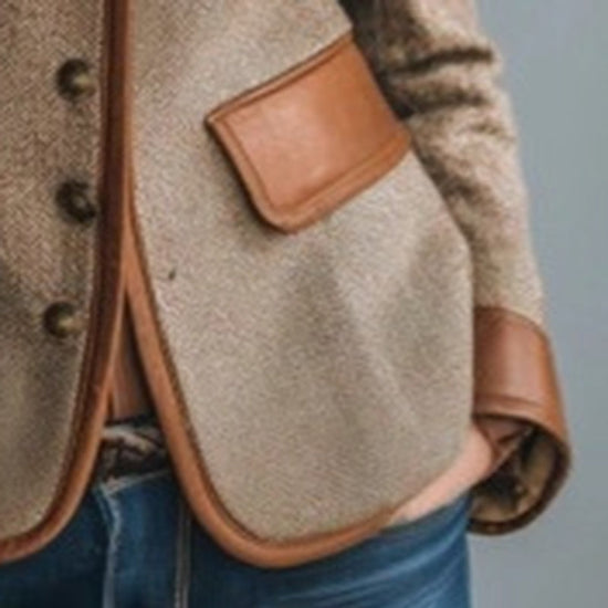 Women's Retro Elegant Jacket, Color-Block Button Front Coat With Stand Collar For Casual And Formal Wear 