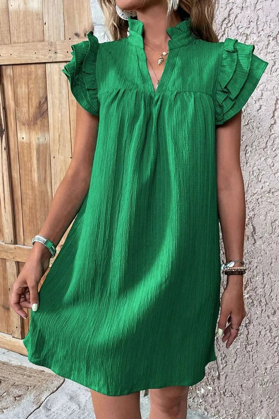 Ruffled Notched Cap Sleeve Mini Dress 