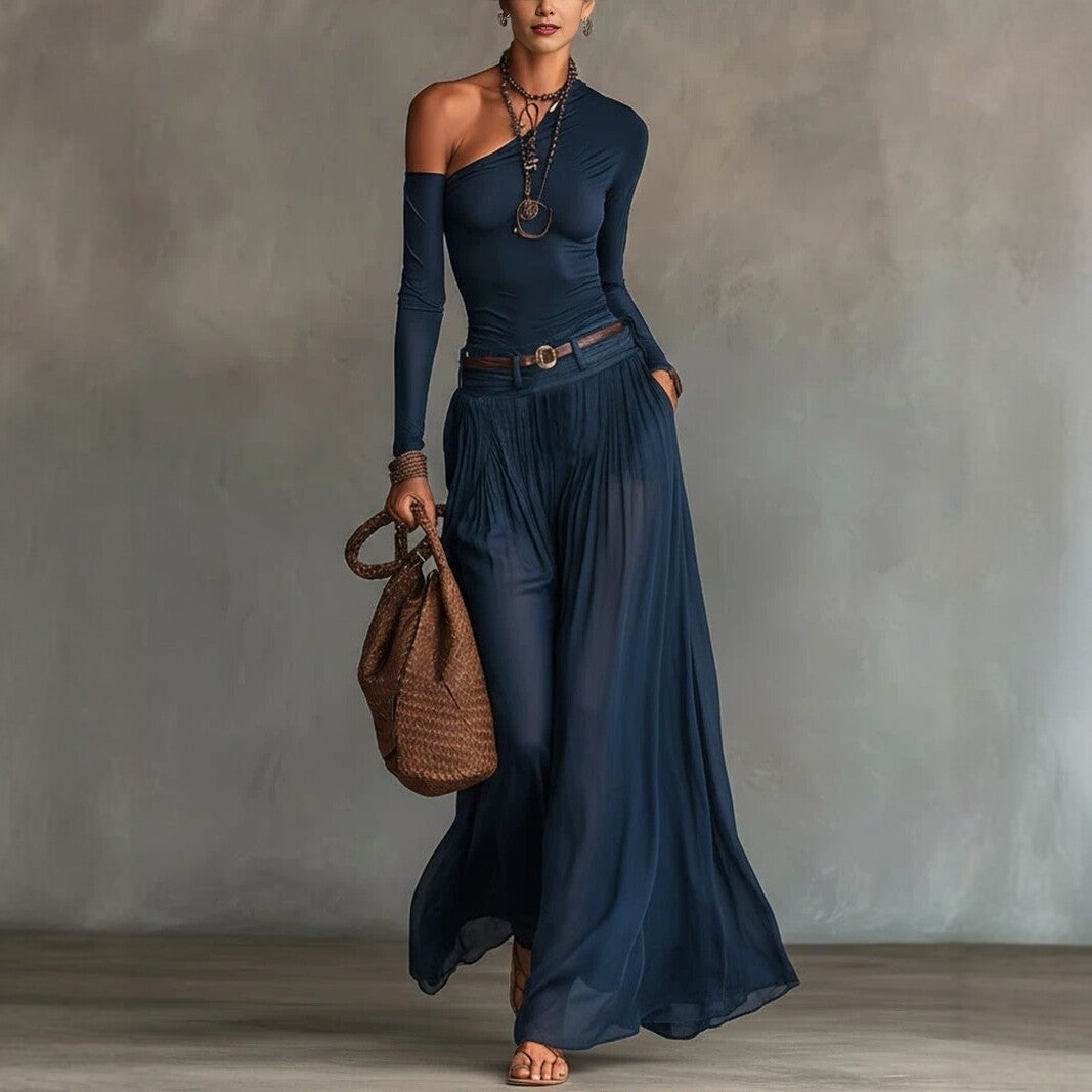 Fashionable Simple Solid Color Asymmetrical Shoulder Long Sleeve Casual Set with Belted Long Dress 
