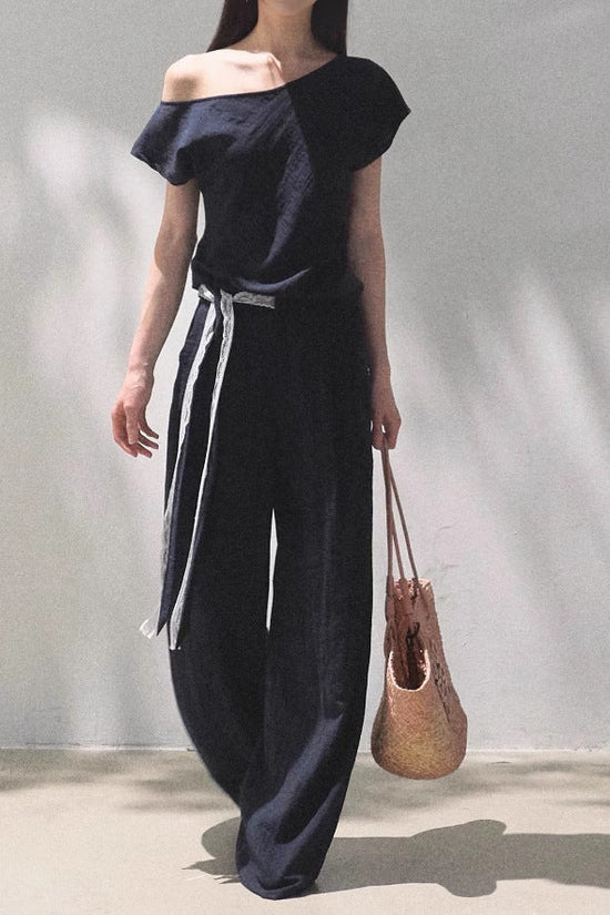 Linen Off-shoulder Short-sleeve Shirt Casual Set 
