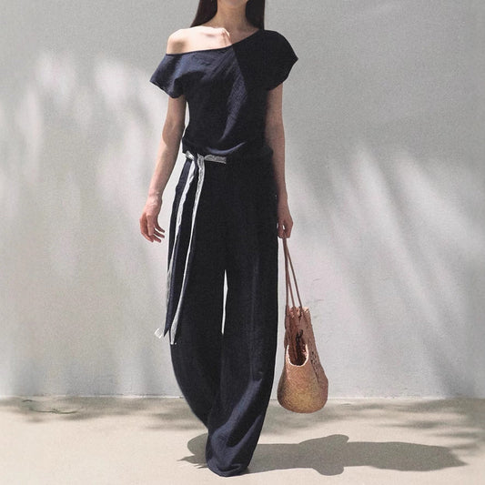 Linen Off-shoulder Short-sleeve Shirt Casual Set 