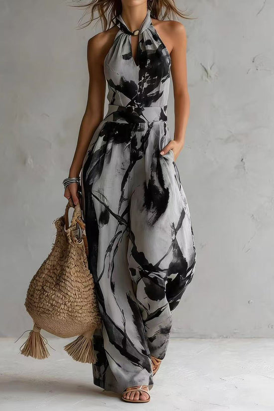 New halter backless jumpsuit, blue and white tie-dye wide-leg pants, summer beach women's wear 