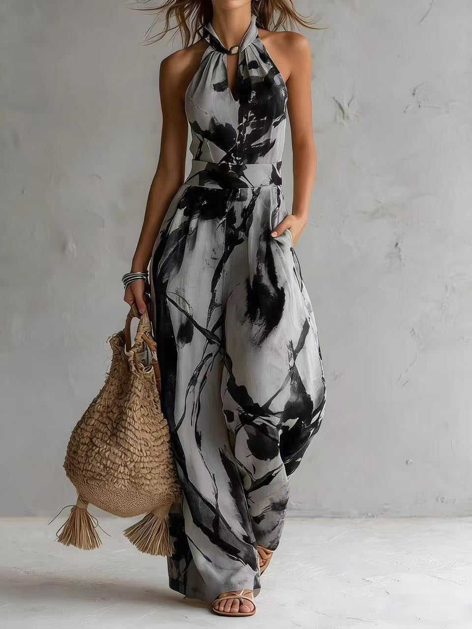 New halter backless jumpsuit, blue and white tie-dye wide-leg pants, summer beach women's wear 