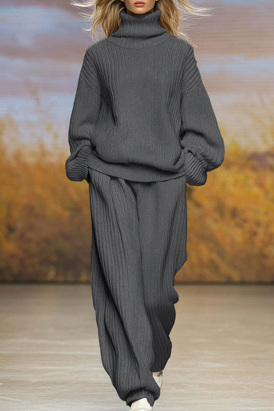 Casual Knit Loose High Neck Wide Leg Pants Set 