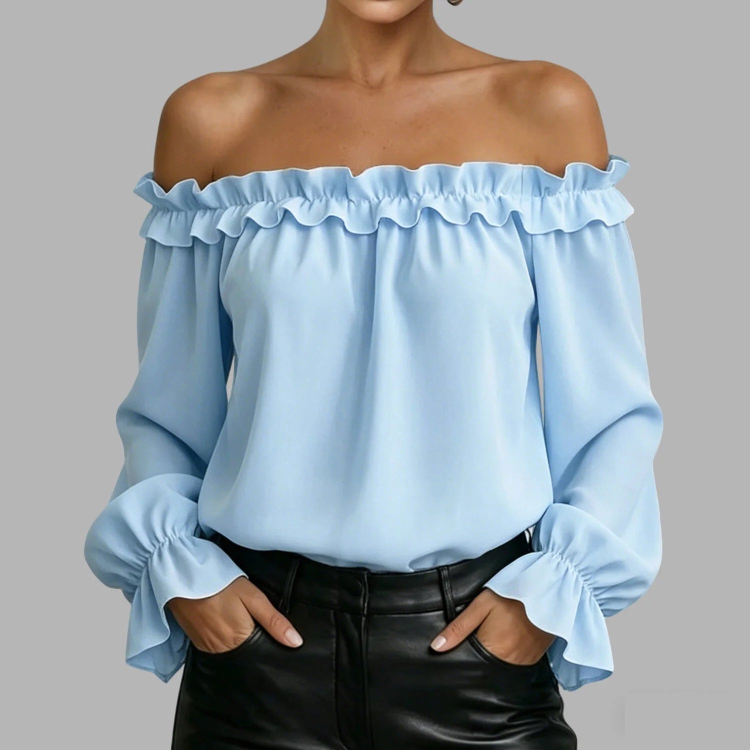 Spring Summer New Elegant Casual Ruffle Off-Shoulder Long-Sleeve Shirt For Women 