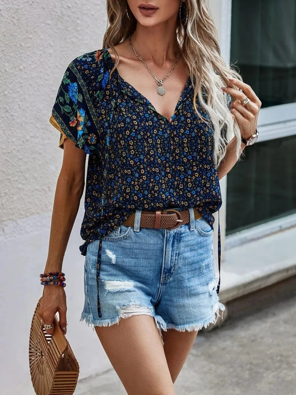 Printed Tie Neck Short Sleeve Blouse 