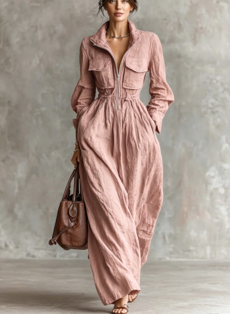 Women's Zipper Collar Elastic Waist Long Dress 