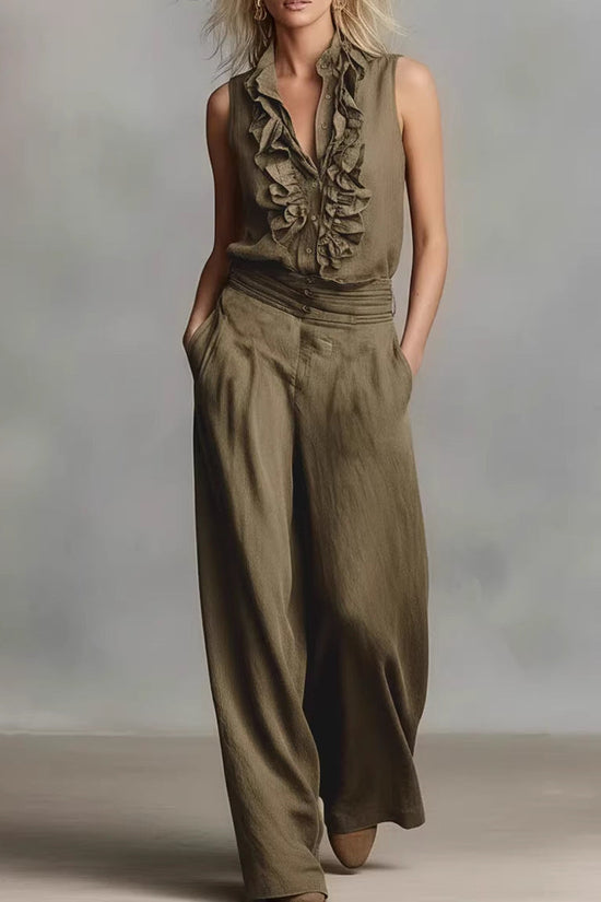 Linen-blend Sleeveless Shirt And Wide-leg Pants Set 