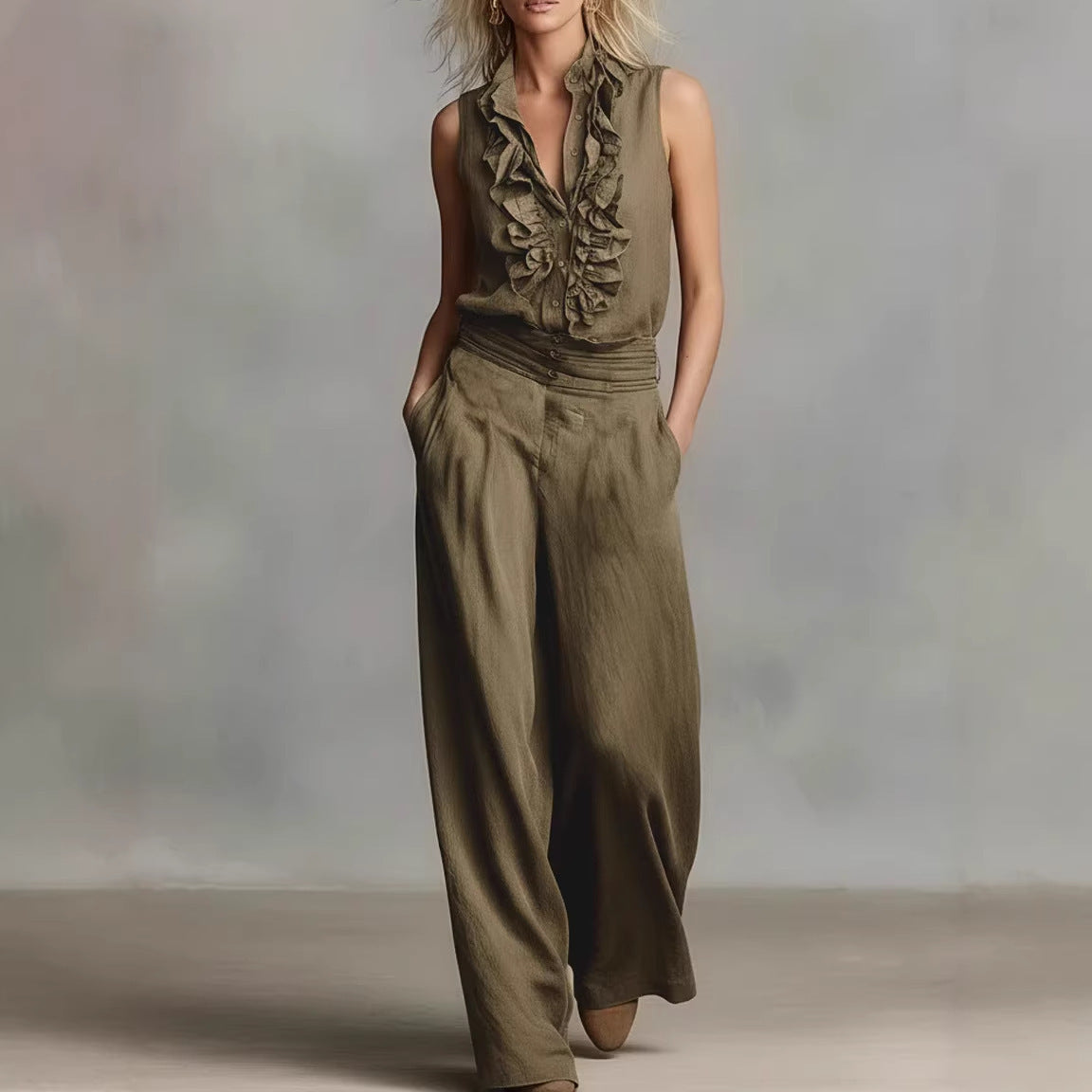 Linen-blend Sleeveless Shirt And Wide-leg Pants Set 