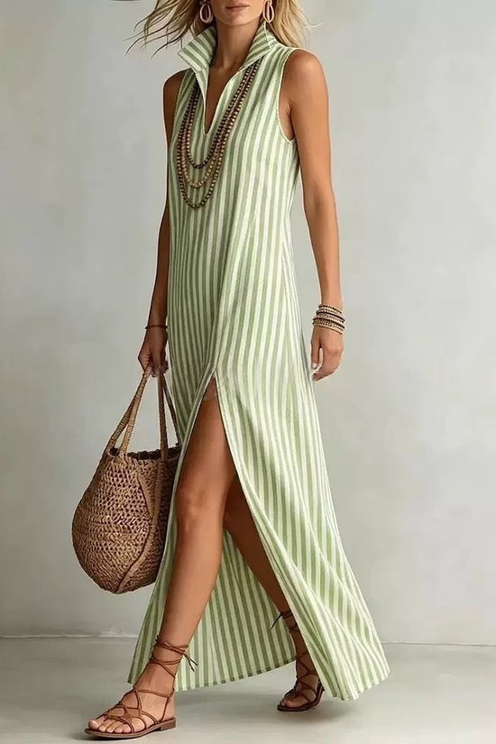 Seasonal New Womens Striped Stand Collar Side-Slit Camisole Dress 