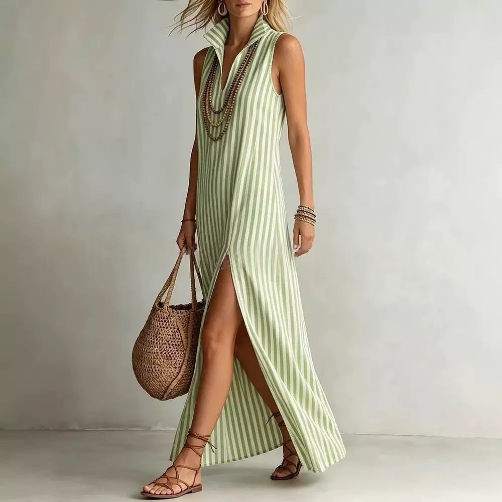 Seasonal New Womens Striped Stand Collar Side-Slit Camisole Dress 