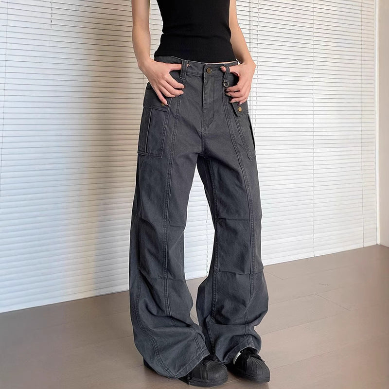 Womens Straight-Leg, Slightly Flared, 3D Slimming Washed Casual All-Match Long Pants 