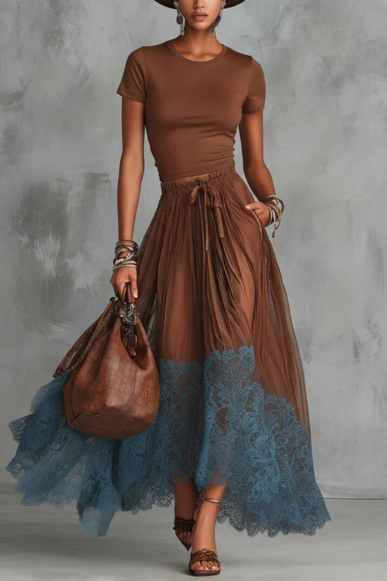 Short-sleeve Top And Lace-panel Midi Skirt Set 