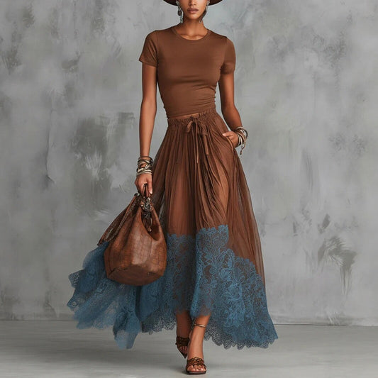 Short-sleeve Top And Lace-panel Midi Skirt Set 